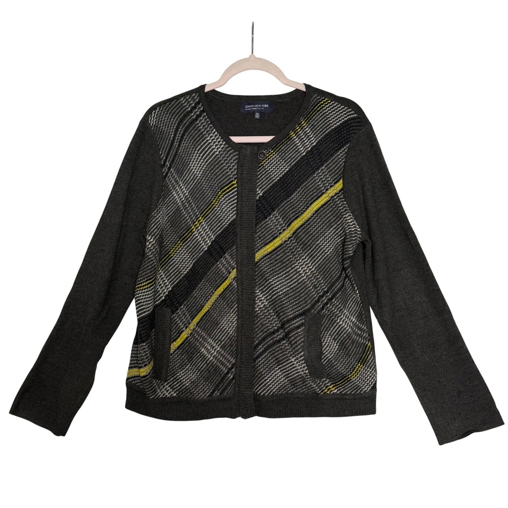 JONES NEW YORK SIGNATURE PETITE Womens Cardigan Sweater Plaid‎ Grey Yellow PXL
